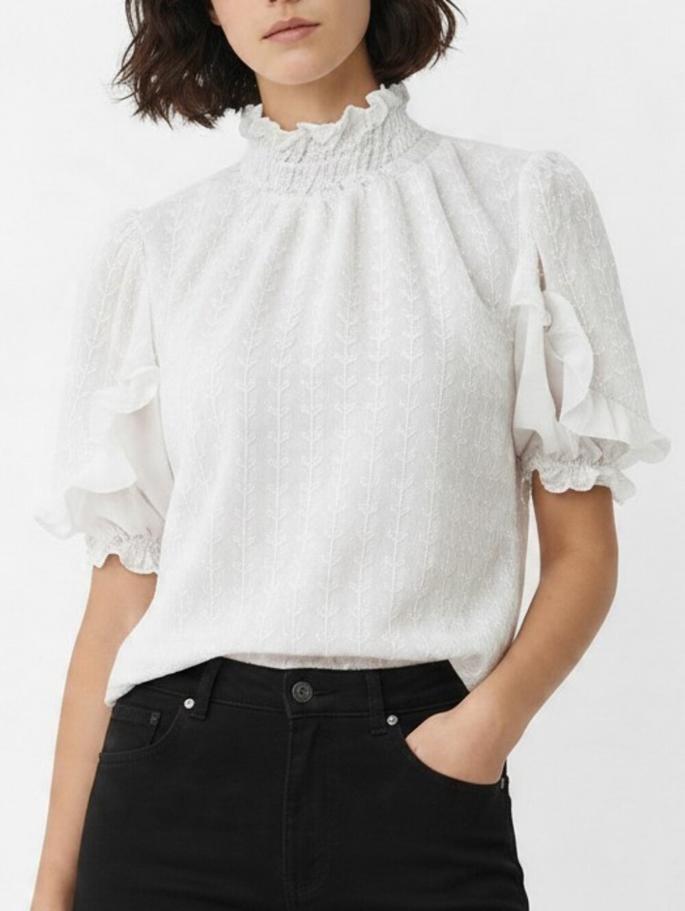 The Impeccable Pig Ruffle Mock Neck Puff Sleeve Blouse